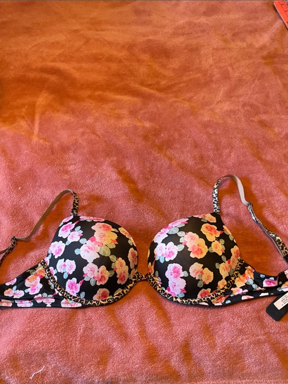 Victoria's Secret Black Floral Push-Up Bra with Pink and Yellow Flowers